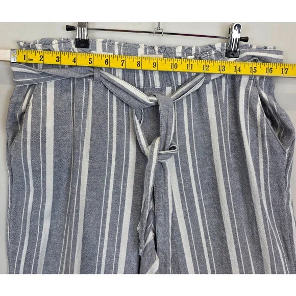 Loft Wide Leg Linen Pants Women M Gray White Striped Slash Pockets Tie Waist - Picture 3 of 11
